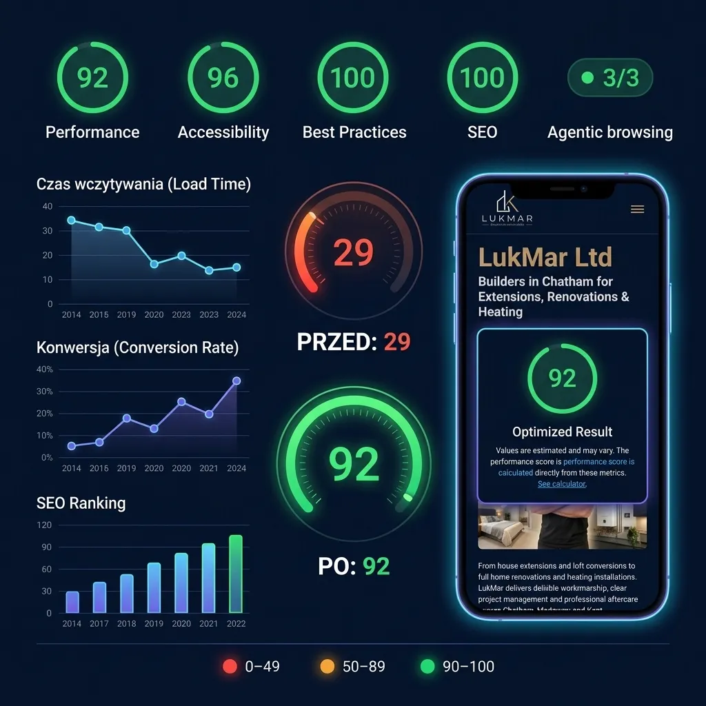 WordPress PageSpeed optimization results for LukMar: before 29, after 92